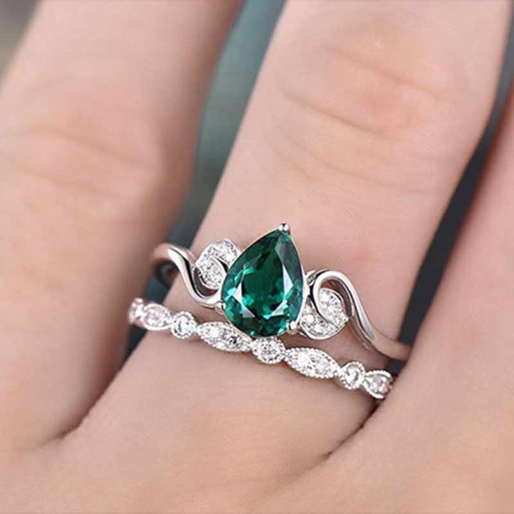 Elegant Dainty Lake Green Anillos 925 Silver Couple Ring Set, VIP211 - Picture 3 of 6